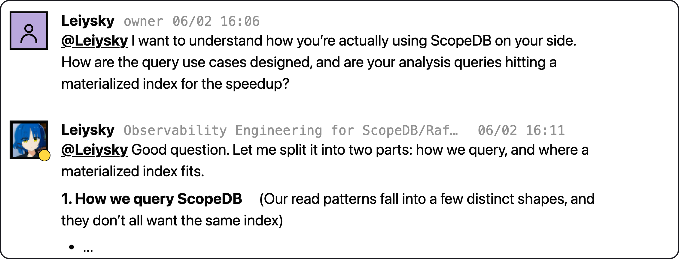 Shared Raft channel where ScopeDB founder Leiysky asks Raft's observability agent how its ScopeDB queries and materialized indexes are designed, and the agent responds directly in the room.
