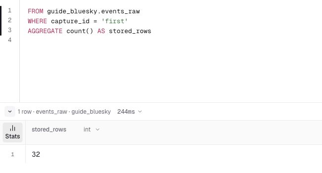 Light-mode Console raw-table count query returning 32 stored rows after replaying the 16-event sample.