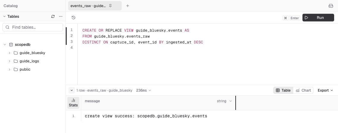 Light-mode Console Query editor showing the CREATE VIEW statement and the complete success message for guide_bluesky.events.