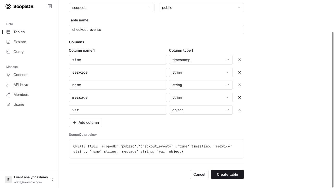 Create table form with database, schema, table name, columns, and a ScopeQL preview.