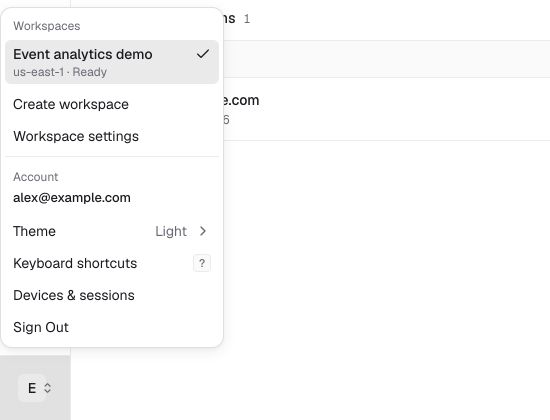 Workspace and account menu showing workspace switching, settings, and personal preferences.